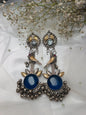 Gold Bird Motif brass Earrings with Blue Stone Drop