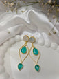 Elegant Gold & Aqua Gemstone Dangle brass Earrings with monalisa stone