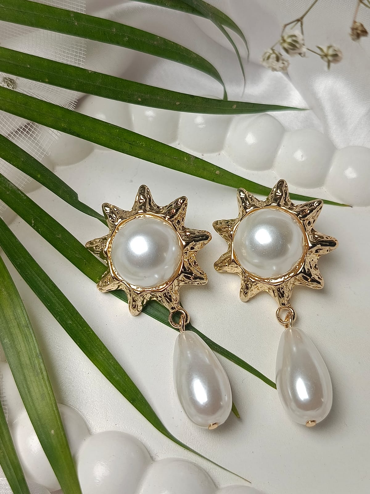 Golden Sunburst & Teardrop Pearl Earrings