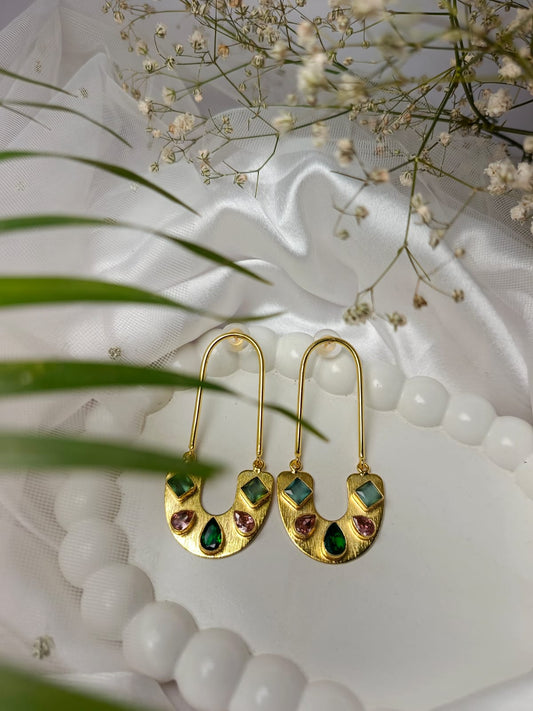 Bohemian Chic Gold Drop brass Earrings with Multi-Colored Gemstones