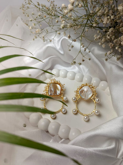 Elegant Mother of Pearl and Pearl Drop brass Earrings