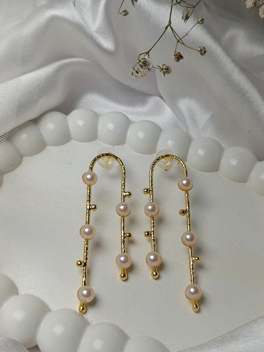Dainty Pearl and Gold Bar Drop Earrings
