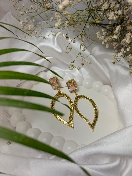 Textured Gold Leaf brass Earrings with Gemstone Studs