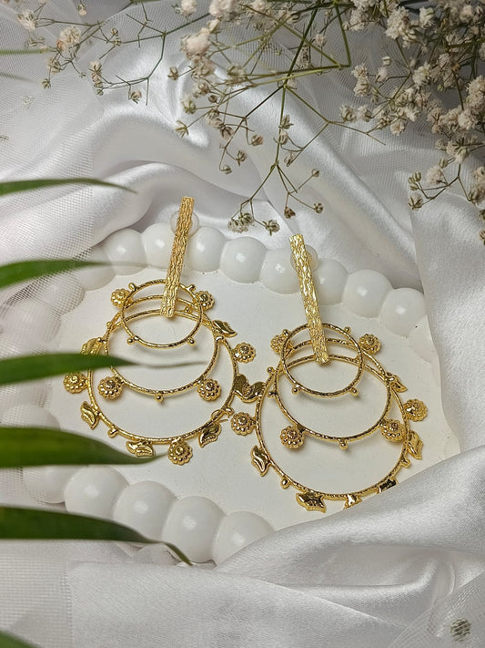 Elegant Gold Plated brass Earrings with Floral and Leaf Details