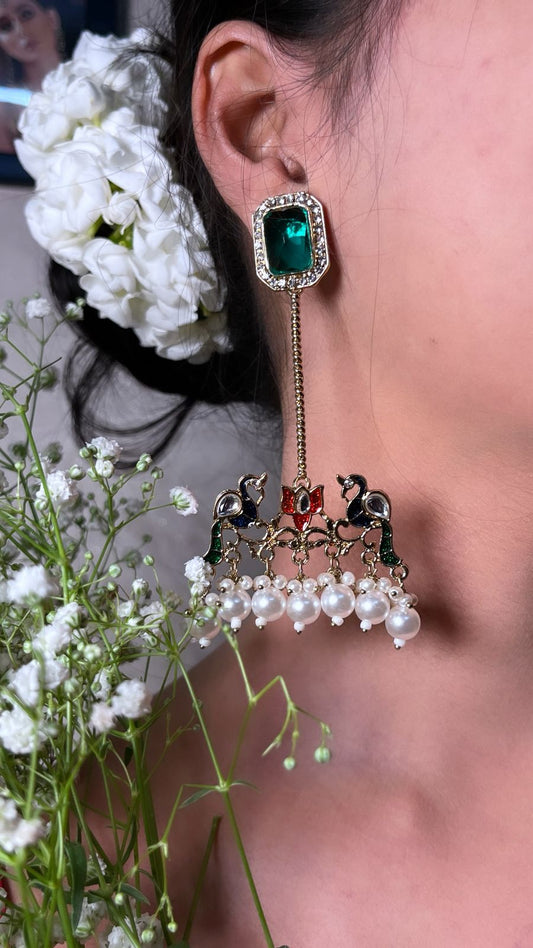 Elegant Gold Plated Chandbali Earrings with Pearl Drops and Peacock