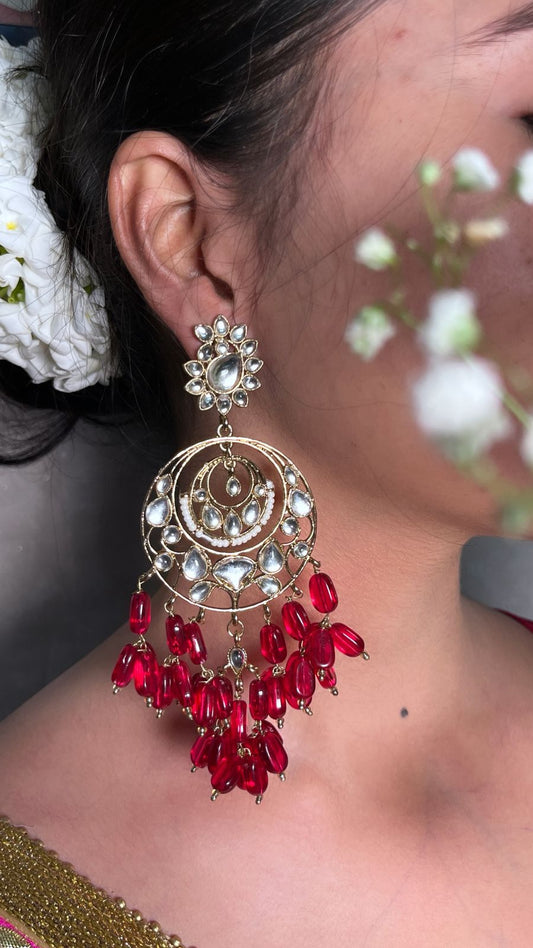 Statement Red Stone & Kundan Chandbali Earrings with Gold Plating