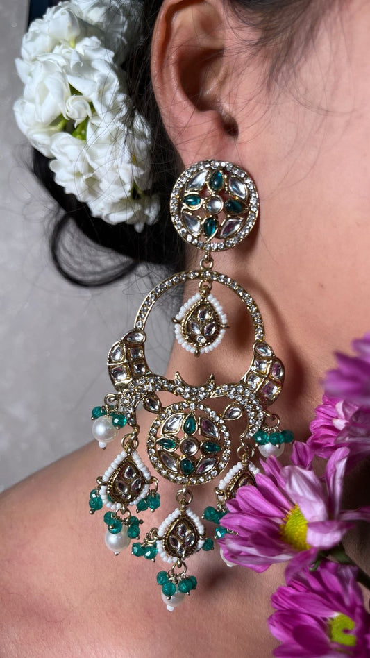 Exquisite Kundan & Emerald Green Stone Chandbali Earrings