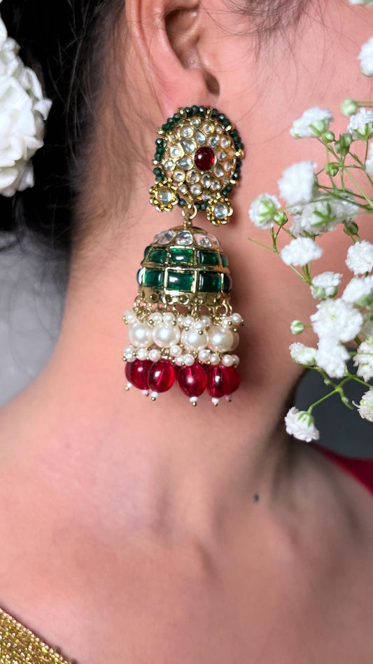 Regal Kundan & Meenakari Jhumkas with Red & Green Stones