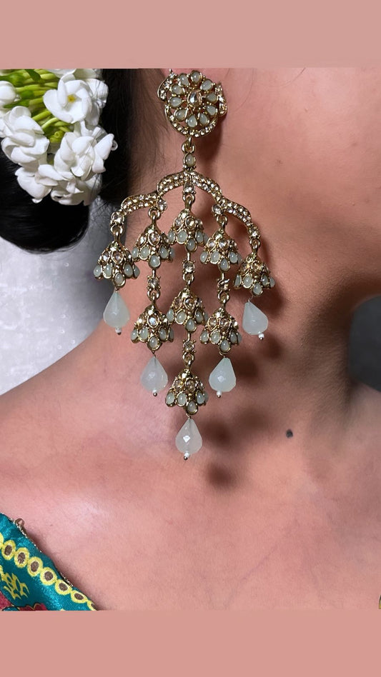 Exquisite Gold-Toned Polki and Mint Green Drop Earrings