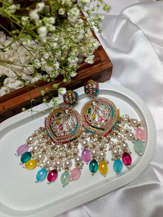 Colorful Meenakari and Pearl Chandbali Earrings