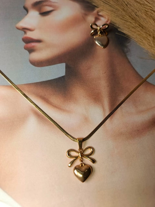 Anti-Tarnish Gold-Plated Bow & Heart Jewelry Set