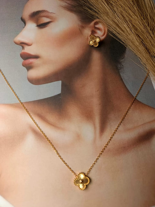 Anti-Tarnish Gold-Plated Clover Necklace and Earrings Set