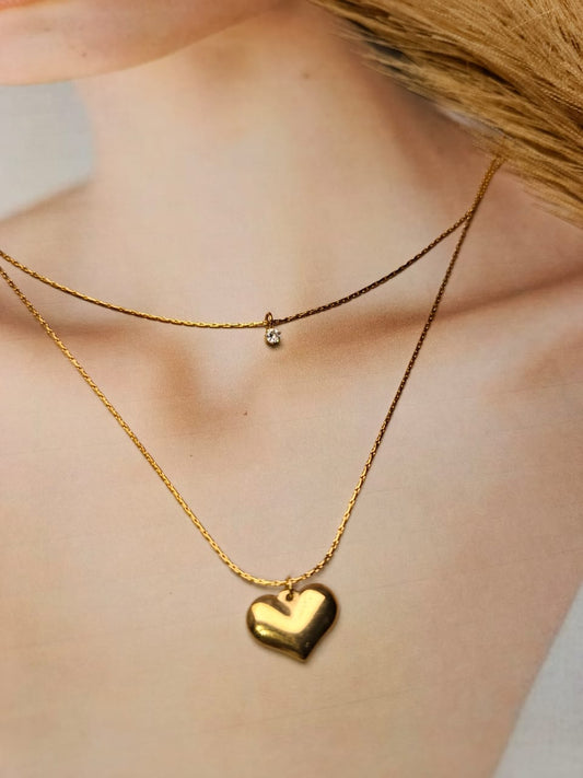 Anti-Tarnish Gold-Plated Layered Heart & Solitaire Necklace