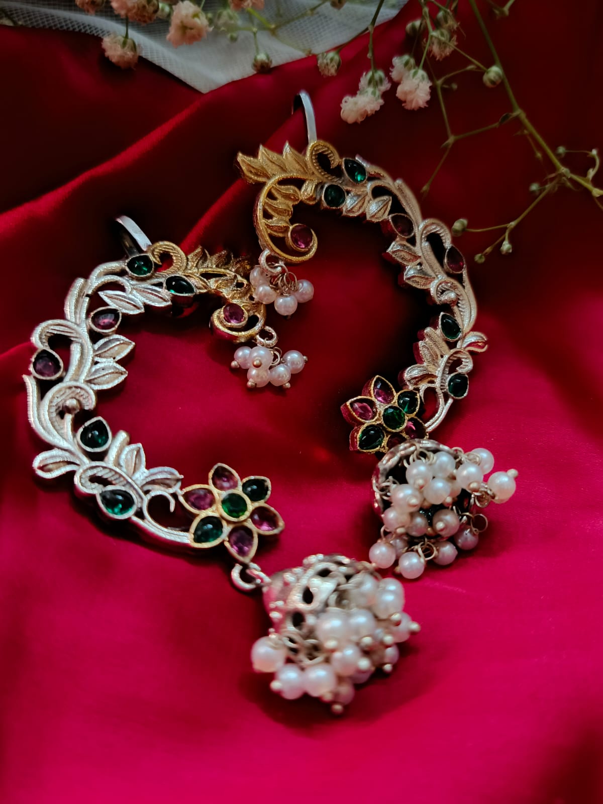 Dual-Tone German Silver and Gold Floral Earcuffs with Pearls and Monalisa Stones