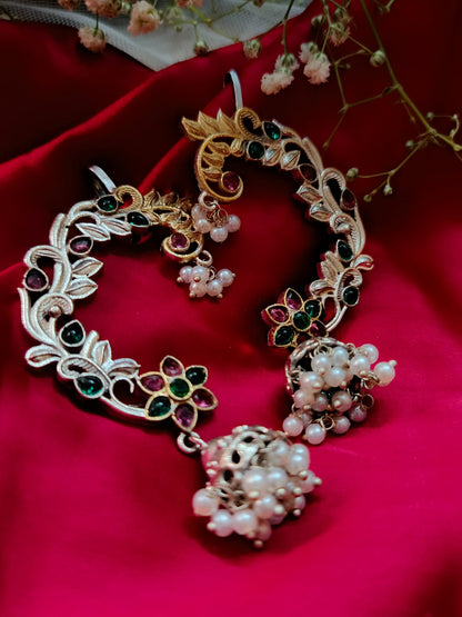 Dual-Tone German Silver and Gold Floral Earcuffs with Pearls and Monalisa Stones