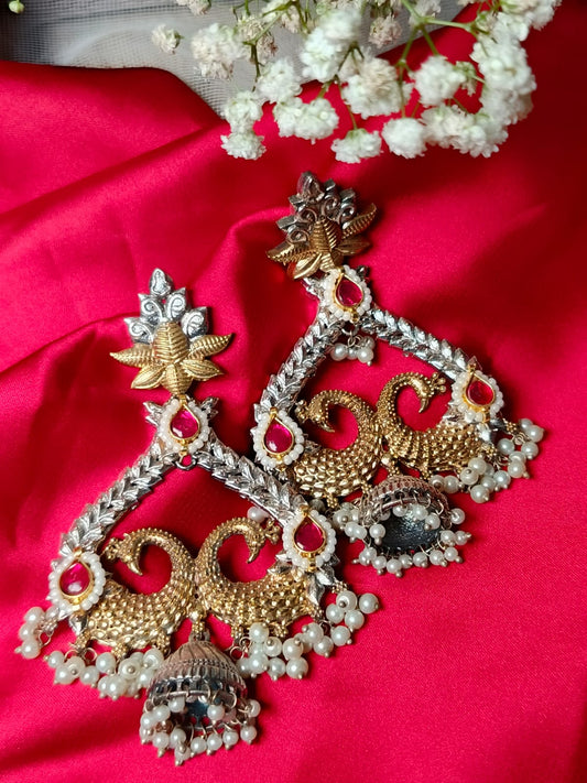 Dual-Tone Peacock brass Earrings with Pearls and Pink Stones - Ethnic Indian Jewelry