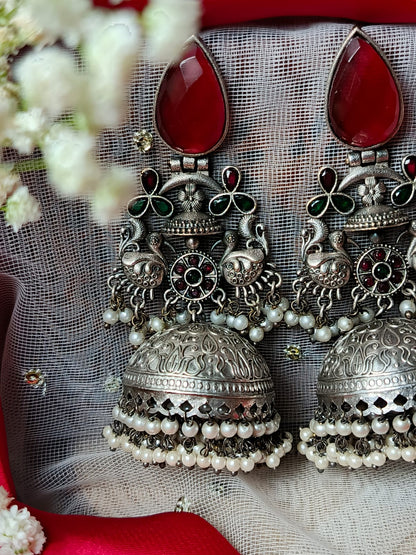 Brass Jhumka  with Red and pink Monalisa Stone and Peacock Motif - Ethnic Indian Jewelry