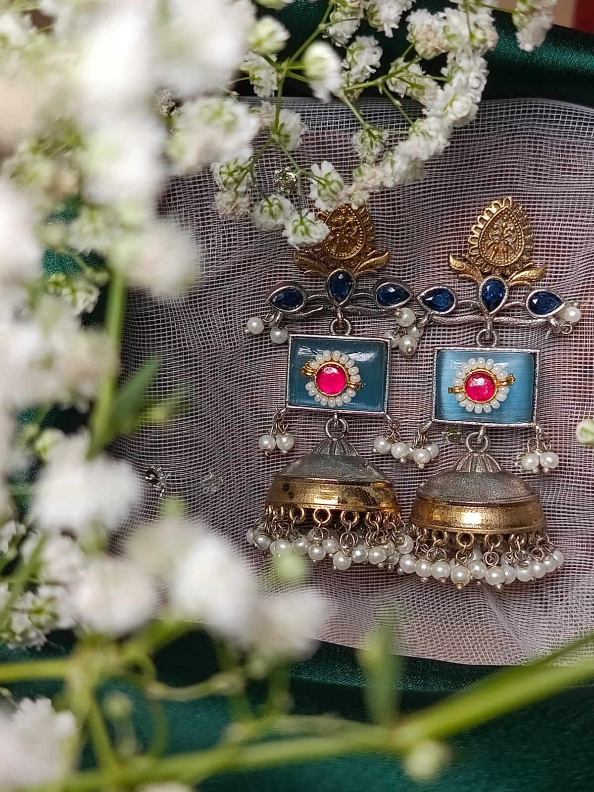 Exquisite Handcrafted brass Jhumkas with Blue and Pink Accents - Perfect for Festive & Ethnic Wear