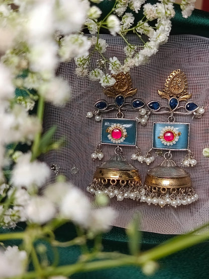 Exquisite Handcrafted brass Jhumkas with Blue and Pink Accents - Perfect for Festive & Ethnic Wear