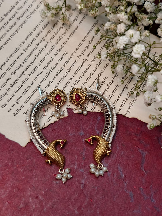 Exquisite Brass Peacock Ear Cuffs with Pearl Detailing
