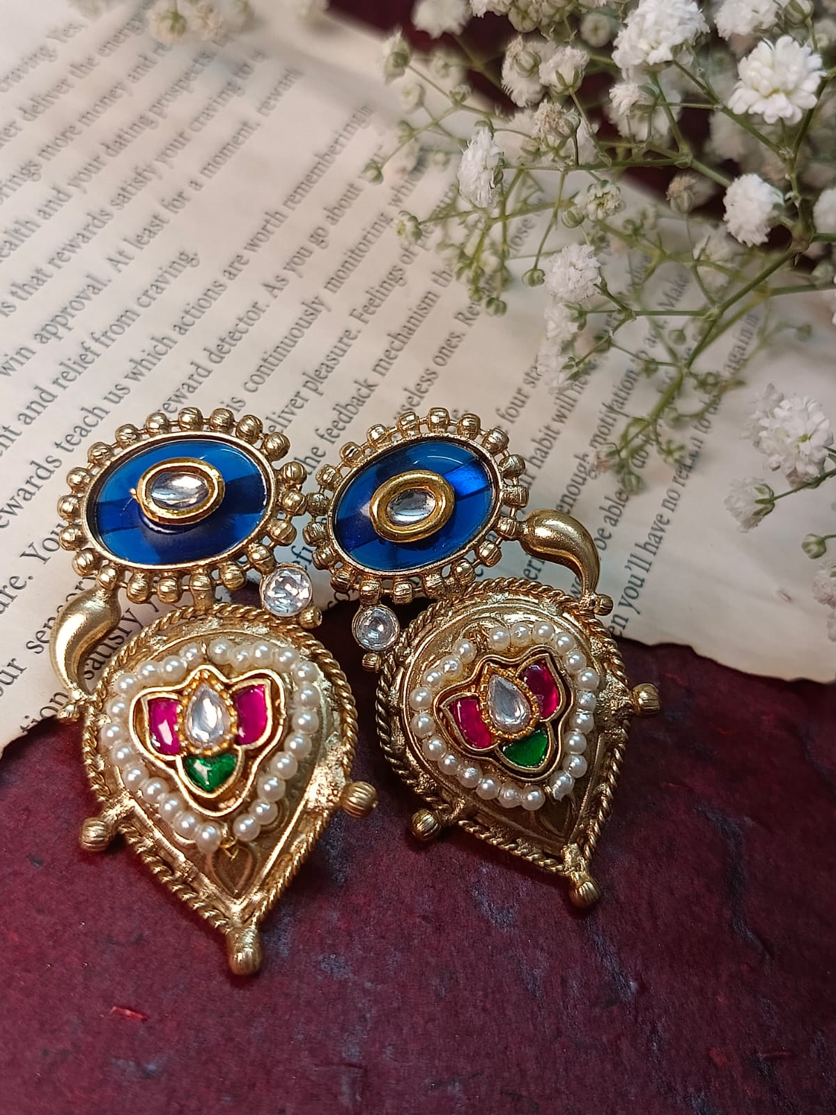 Stunning Brass Temple Jewelry Earrings with colour Stone & Pearl Embellishments