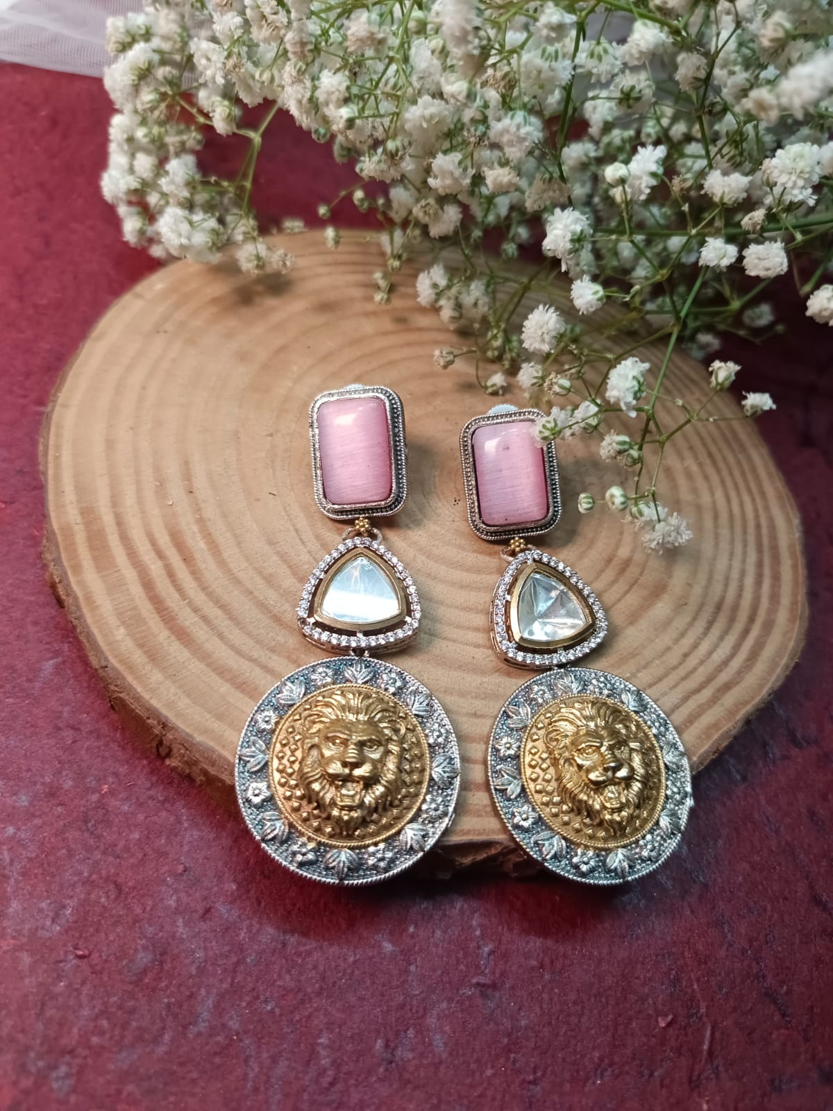 Regal German Silver and Brass Lion Head Premium Earrings with White Stone.