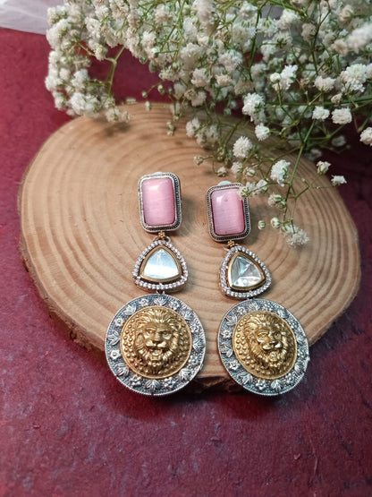 Regal German Silver and Brass Lion Head Premium Earrings with White Stone.