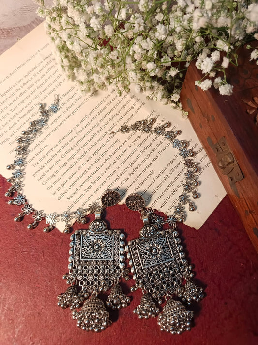 Oxidised Silver Jhumka Earrings with Matching Hair Chain - Ethnic Indian Jewelry Set