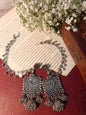 Oxidised Silver Jhumka Earrings with Matching Hair Chain - Ethnic Indian Jewelry Set