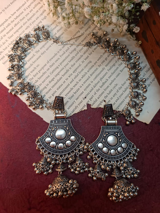 Oxidised Silver Jhumka Earrings with Hair Chain and Intricate Detailing - Ethnic Indian Jewelry Set