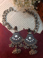 Oxidised Silver Jhumka Earrings with Hair Chain and Intricate Detailing - Ethnic Indian Jewelry Set