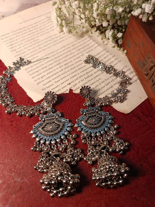 Oxidised Silver Jhumka Earrings with Blue Enamel & Ghoonghru Chain - Ethnic Indian Jewelry Set