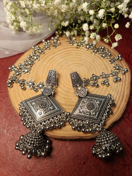 Oxidised Silver Jhumka Earrings with Chaandbali and Ghoonghru - Ethnic Indian Jewelry