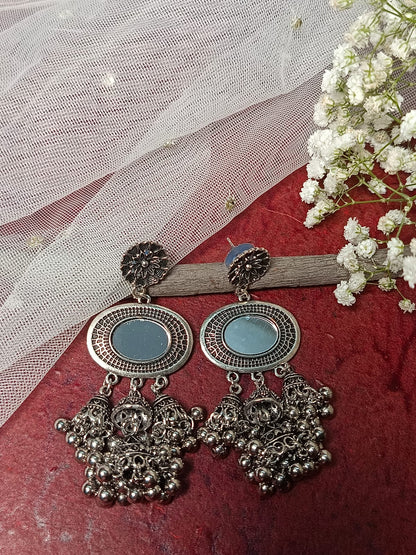 Oxidised Silver Mirror Jhumka Earrings with Ghoonghru and Floral Stud - Ethnic Indian Jewelry