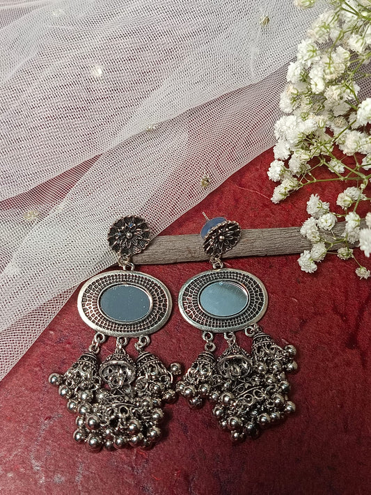Oxidised Silver Mirror Jhumka Earrings with Ghoonghru and Floral Stud - Ethnic Indian Jewelry