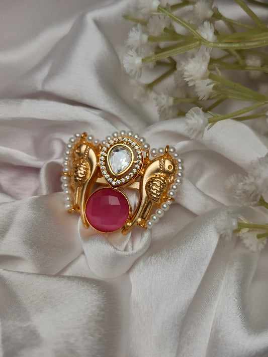 Adjustable brass Artisan Parrot & Pearl Statement Ring
