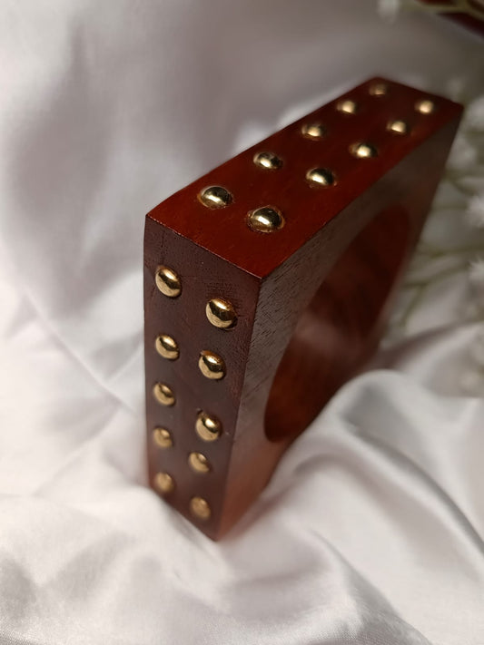 Trending free size up to 2'8 Geometric Wood Bangle with Gold Studs - Artisan Crafted Statement Piece