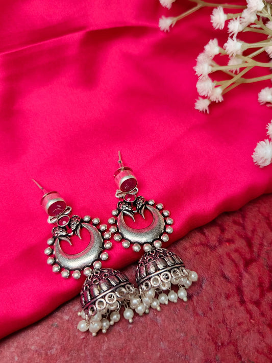 Oxidized Silver Plated Jhumka Earrings with Tribal Design