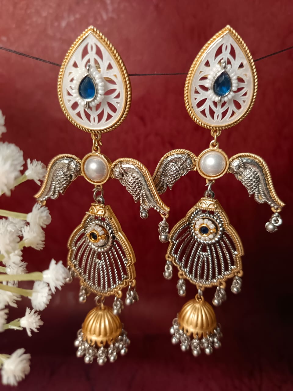 Dual-Tone Brass Jhumka Earrings with Pearl & Color Stone