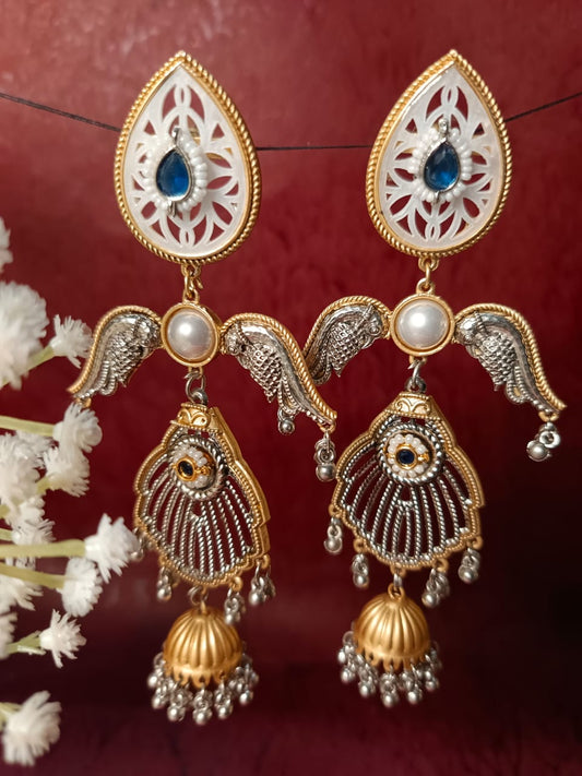 Dual-Tone Brass Jhumka Earrings with Pearl & Color Stone