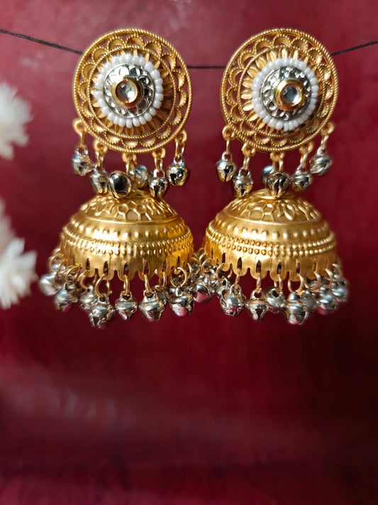 Traditional Gold-Plated Brass Jhumka Earrings with Beaded Detailing