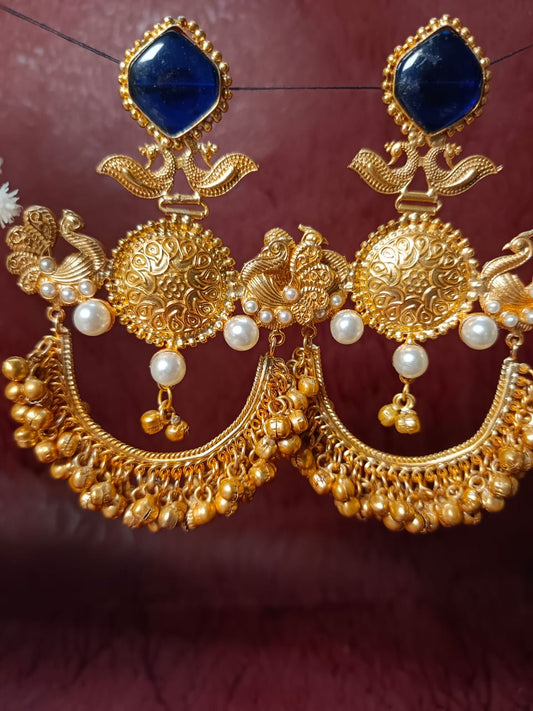 Royal Blue & Gold Peacock brass Earrings with Pearls