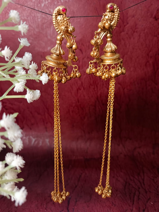 Antique Brass Jhumka Earrings with Long Chains