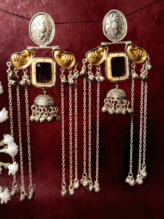 Dual-Tone brass Jhumka Earrings with Onyx and Chains