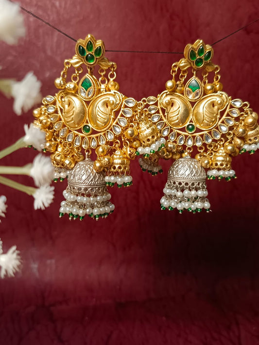 Luxurious Paachi Kundan Brass Jhumka Earrings - Emerald & Pearl