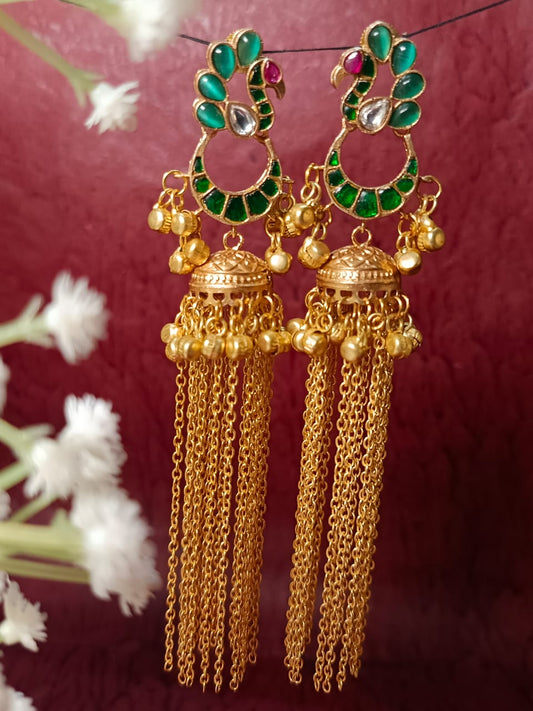 Handcrafted Brass Peacock Earrings with Long Chains