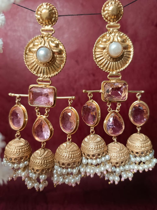 Handcrafted Brass and Pink Stone Jhumka Earrings with Pearls