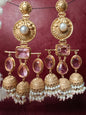 Handcrafted Brass and Pink Stone Jhumka Earrings with Pearls