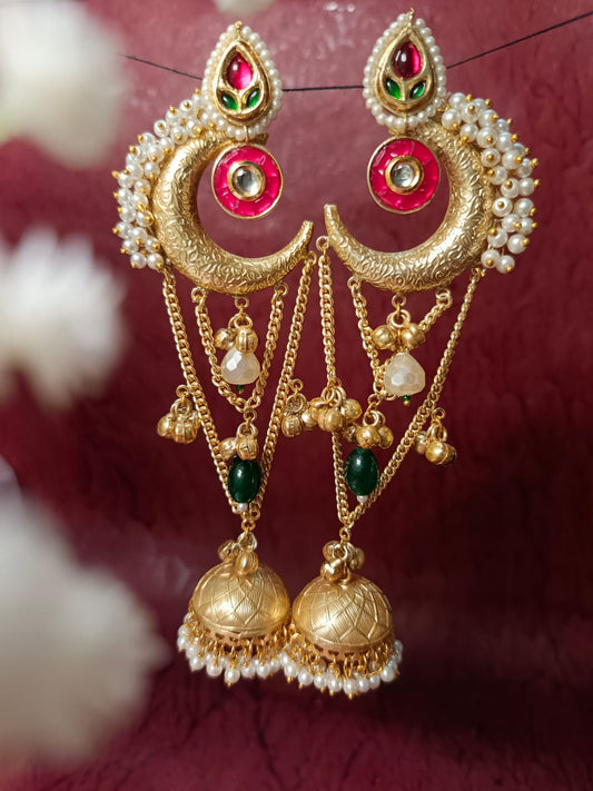 Kundan & Pearl Chandbali Jhumka Earrings - Antique Gold Tone Brass