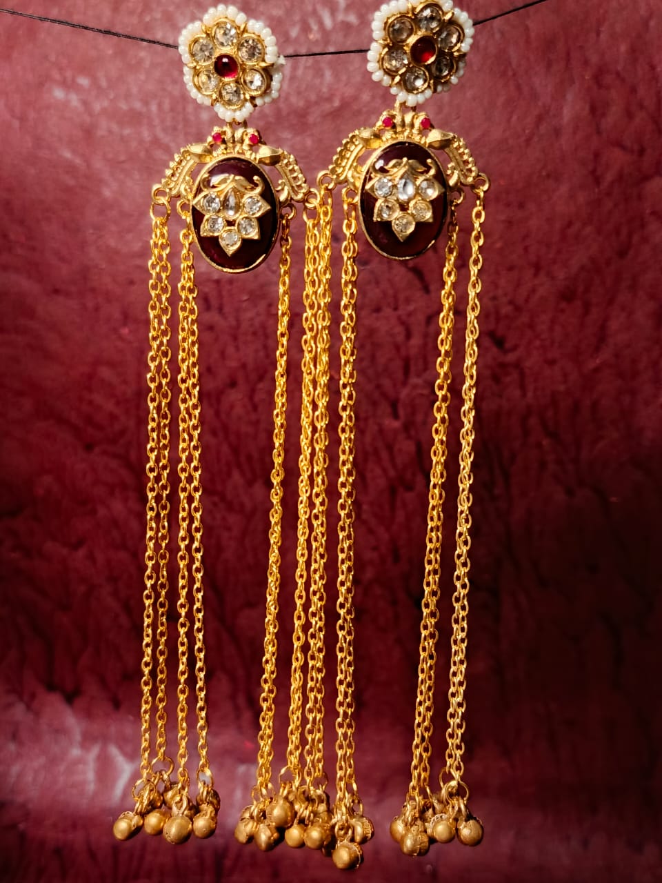 Regal Brass Gold-Plated Chandbali Jhumka Earrings with Pearls and Enamel